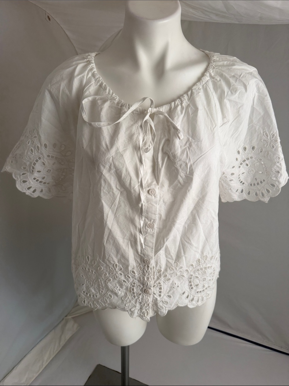A new day white button front eyelet trim blouse